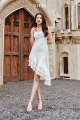 Asymmetric Hem Silk Dress with Draped Cowl Neckline